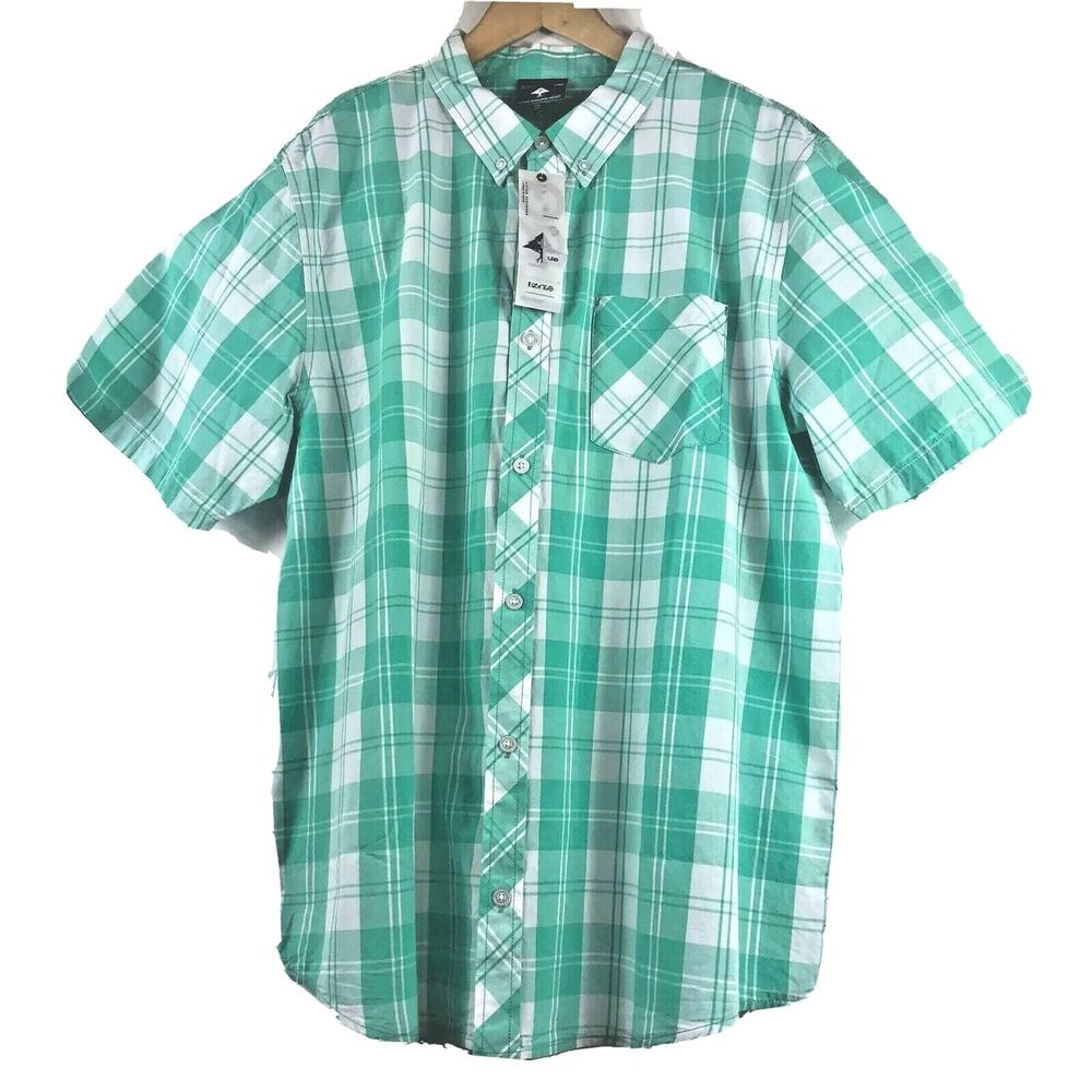 LRG Wovens Lifted Research Group Shirt Mens Medium Green Plaid Button Front NEW